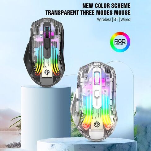 Docooler Wireless Gaming Mice with Transparent Crystal Shell, Tri-Modes(USB Wired+2.4G Wireless+Bluetooth), 3600DPI Adjustable E-Sports Mice, RGB Slient Mouse with Ergonomics Design - White/Black in Kuwait
