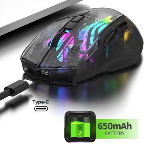 Docooler Wireless Gaming Mice with Transparent Crystal Shell, Tri-Modes(USB Wired+2.4G Wireless+Bluetooth), 3600DPI Adjustable E-Sports Mice, RGB Slient Mouse with Ergonomics Design - White/Black in Kuwait