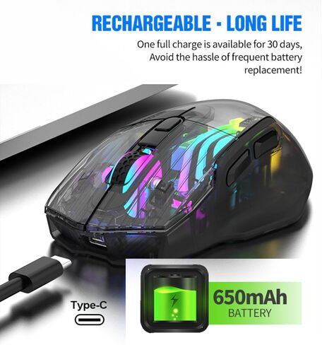 Docooler Wireless Gaming Mice with Transparent Crystal Shell, Tri-Modes(USB Wired+2.4G Wireless+Bluetooth), 3600DPI Adjustable E-Sports Mice, RGB Slient Mouse with Ergonomics Design - White/Black in Kuwait