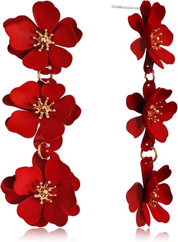 Unique Chic Long Matte Flower Dangle Earrings Cute Bohemian Tiered Triple Floral Drop Stud Earrings Ear Drop for Women Girls Statement Jewelry Gifts Parties Prom in Saudi Arabia
