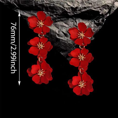 Unique Chic Long Matte Flower Dangle Earrings Cute Bohemian Tiered Triple Floral Drop Stud Earrings Ear Drop for Women Girls Statement Jewelry Gifts Parties Prom in Saudi Arabia