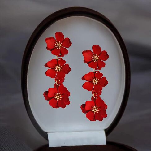 Unique Chic Long Matte Flower Dangle Earrings Cute Bohemian Tiered Triple Floral Drop Stud Earrings Ear Drop for Women Girls Statement Jewelry Gifts Parties Prom in Saudi Arabia