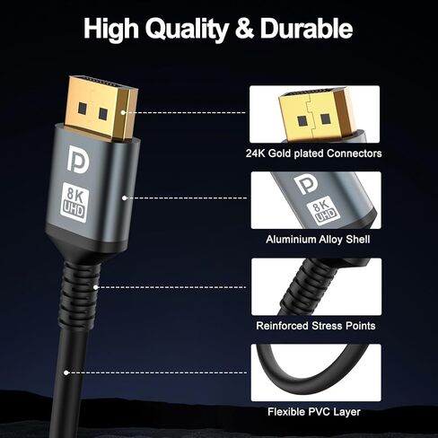 كابل DisplayPort 16K 2.1، كابل 20 قدم DP [16K@60 هرتز، 8K@120 هرتز، 4K@240 هرتز، 40 جيجابت في الثانية]، كابل DP إلى DP مطلي بالذهب عالي السرعة لشاشة الألعاب، شاشة HDR/HDCP/FreeSync/G-Sync 4090 7900XTX in Kuwait