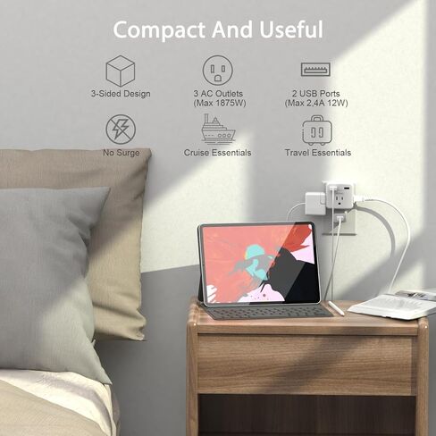 أساسيات الرحلات البحرية، شريط طاقة للسفر مع 3 منافذ ومنفذين USB، ملحقات الرحلات البحرية التي لا غنى عنها، أساسيات السفر، واقي ضد زيادة التيار لسفن الرحلات البحرية، السفر، المكتب المنزلي، مدرج في قائمة ETL، أبيض in Kuwait