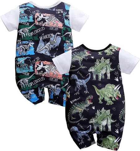 2-Pack Baby Boys Girls Romper Dinosaur Unisex Newborn Onesie Cartoon Print Short Sleeve Summer Clothes 1-18 Months in Saudi Arabia