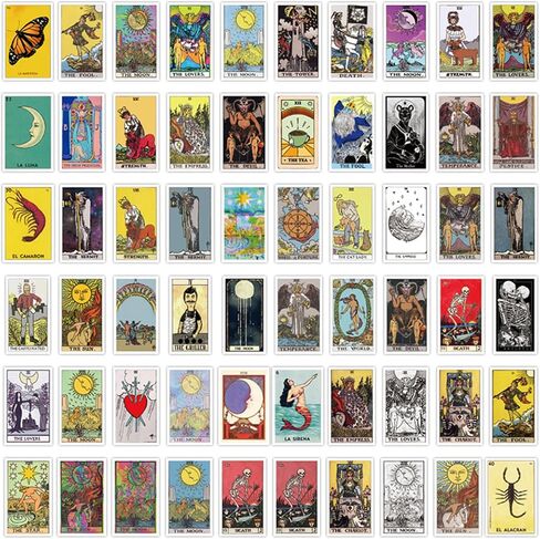 60Pcs Tarot Stickers for Laptop,Water Bottle,Skateboard Phone Aesthetic Future Love Fortune Waterproof Vinyl Myth Magic Astrology Divination Sticker Decal for Teens Adults Girls (Yellow-Tarot) in Saudi Arabia