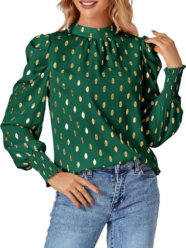 LYANER Women's Mock Neck Leopard Dots Long Sleeve Ruched Blouse Shirt Top in Saudi Arabia