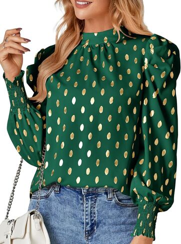 LYANER Women's Mock Neck Leopard Dots Long Sleeve Ruched Blouse Shirt Top in Saudi Arabia
