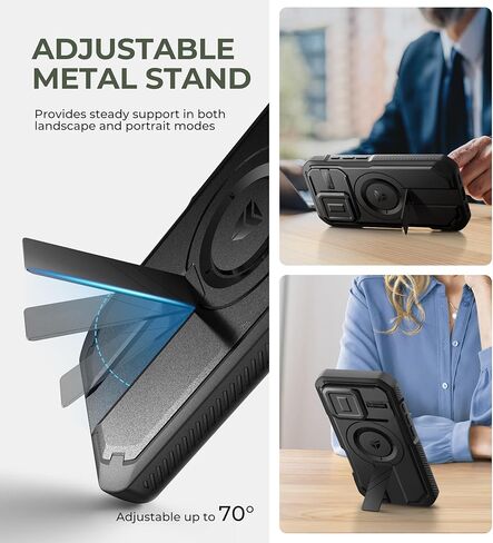 حافظة Dexnor لهاتف iPhone 16 Pro مع غطاء كاميرا منزلق ومسند قابل للتعديل وواقي شاشة مدمج، متوافق مع حافظات MagSafe المقاومة للصدمات وغطاء واقٍ شديد التحمل، أسود in Kuwait
