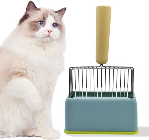 MUYG Cat Litter Scoop with Holder,Metal Cat Scooper for Litter Box with Wooden Handle,Kitty Litter Scoop with Durable Washable Base Stand Heavy Duty Cat Litter Box Scooper for Easy Fast Sifting（Grey） in Saudi Arabia