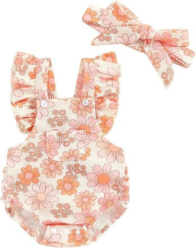 Ayalinggo Baby Girl Clothes 3 6 12 18 Months Newborn Daisy Overalls Waffle Romper Ruffle Bodysuit Summer One Piece Outfit in Saudi Arabia