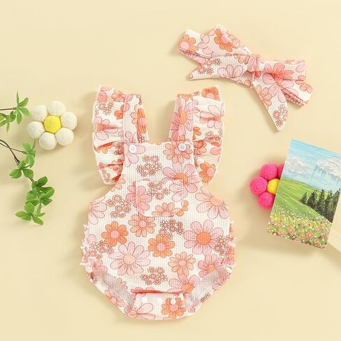 Ayalinggo Baby Girl Clothes 3 6 12 18 Months Newborn Daisy Overalls Waffle Romper Ruffle Bodysuit Summer One Piece Outfit in Saudi Arabia