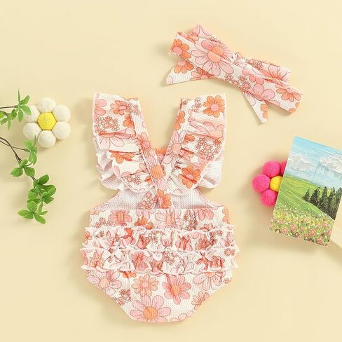 Ayalinggo Baby Girl Clothes 3 6 12 18 Months Newborn Daisy Overalls Waffle Romper Ruffle Bodysuit Summer One Piece Outfit in Saudi Arabia