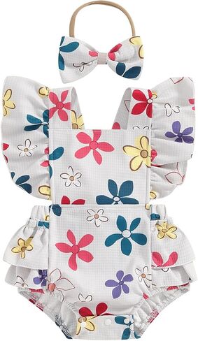 Ayalinggo Baby Girl Clothes 3 6 12 18 Months Newborn Daisy Overalls Waffle Romper Ruffle Bodysuit Summer One Piece Outfit in Saudi Arabia