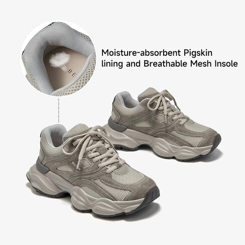 BEAU TODAY Platform Sneakers for Women, Womens Fashion Sneakers, Lace Up Chunky Leather Walking Sneakers, Comfortable Non-Slip Wide Width Casual Dad Shoes in Saudi Arabia