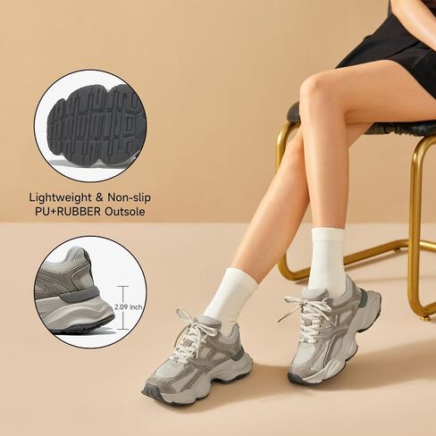 BEAU TODAY Platform Sneakers for Women, Womens Fashion Sneakers, Lace Up Chunky Leather Walking Sneakers, Comfortable Non-Slip Wide Width Casual Dad Shoes in Saudi Arabia
