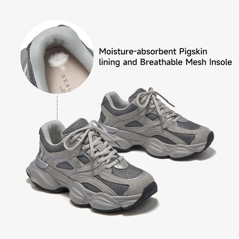 BEAU TODAY Platform Sneakers for Women, Womens Fashion Sneakers, Lace Up Chunky Leather Walking Sneakers, Comfortable Non-Slip Wide Width Casual Dad Shoes in Saudi Arabia