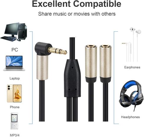 Halokny Audio Splitter Cable,90 Degree Right Angle 3.5mm Male to 2 Female Jack Headphone Audio Stereo Y Splitter Adapter Cable for Tablets, MP3 Players (90 Degree Right Angle) in Kuwait