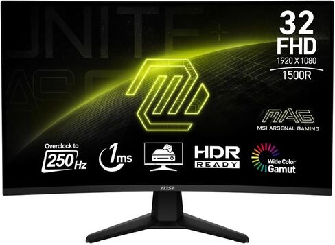 شاشة كمبيوتر MSI MAG 32C6X مقاس 31.5 بوصة 1920 × 1080 (FHD)، 250 هرتز، مزامنة متكيفة، جاهزة لـ HDR، HDMI، منفذ VGA، منفذ عرض، قابل للتركيب، إمالة، مكبر صوت، 1 مللي ثانية، أسود in Saudi Arabia