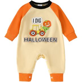 Toddler Jumpsuit Long Sleeve Crew Neck Letter Excavator Print Newborn Romper Halloween Baby Clothes for Girls Boys