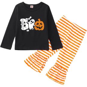 Toddler baby Girl Halloween Outfit Cute Boo Ghost Pumpkin Long Sleeve Shirt Stripe Bell Bottom Pants Fall Clothes Set