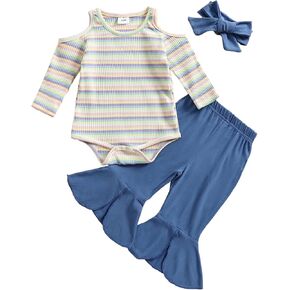 Emmababy Infant Girl Flare Pants Outfit Baby Striped Knit Romper Cold Shoulder Bodysuit Long Sleeve Bell Bottoms Headband Set