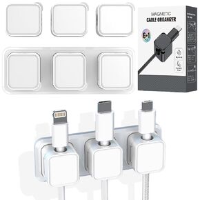 6 Pack Magnetic Cable Clips with Magnet Base, HexaHive Adhesive Wire Holder Keeper Organizer Under Desk Management, Charging USB Cord Holder for Home Office Phone Car Wall Desktop Nightstand - White