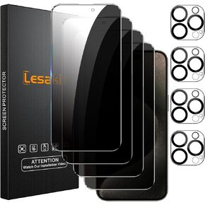 4+4 Pack Privacy Screen Protector for iPhone 15 Pro Max 6.7-Inch with 4 Pack Camera Lens Protector, Anti Spy Tempered Glass Film 9H Hardness Case Friendly