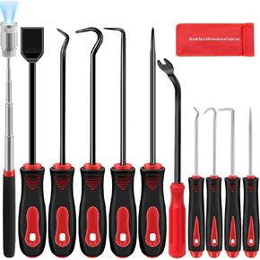 11 Pcs Hook and Pick Set, Pick Tool Set for Mechanic Car Auto Oil Seal/O-Ring Seal Hoses Gasket, Puller Remover with Scraper and Magnetic Telescoping Tool Kit, Black&Red