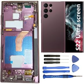 Screen Replacement for Samsung Galaxy S22 Ultra 5G S908E S908E/DS S908U S908W S908B/DS 6.8 Inch with Frame and Back Cover Display Touch Digitizer Assembly (Burgundy)