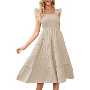 Jillumi Women's Midi Dress Square Neck Smocked Ruffle Sleeveless Tiered Casual Sundress