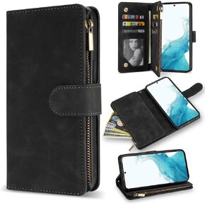 ZZXX for Samsung Galaxy S22 Case Wallet with Card Slot Premium Soft PU Leather Zipper Flip Folio Wallet with Wrist Strap Kickstand Protective for Samsung Galaxy S22 Wallet Case(Blue-6.1 Inch)