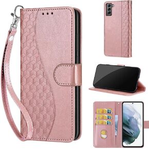 Designed for Samsung Galaxy S22 Case Wallet,Women Flip Folio Cover with Embossed PU Leather Stand Credit Card Holders Slots Wrist Strap Phone Case for Samsung S22 6.1 Inch (Rose Gold Butterfly)