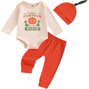 Gender Neutral Baby Halloween Outfit Cutest Pumpkin in the Patch Long Sleeve Onesie Orange Pants and Hat 3Pcs Set in Kuwait