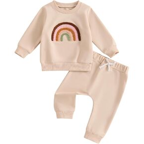 Toddler Baby Boy Girl Fall Winter Rainbow Clothes 2Pc Cute Warm Long Sleeve Sweatshirt Tops and Sweat Pants Set