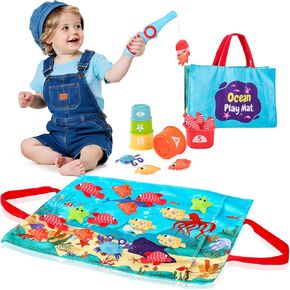 Montessori Toy for 1 Year Old Baby Christmas Stocking Stuffers Gift, 22 PCS Toys Fishing Game Set with Stacking Cup - Number Counting, Color and Shape Sorter Learning for Toddler 1-3 Year Old Boy Girl