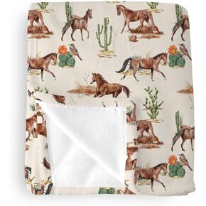 Baby Boy Girl Blankets Western Horses Cactus, Wild West Animal Cowboy Cowgirl Desert Plant Soft Lightweight Nursery Receiving Swaddle Flannel Newborn Infant Toddler Crib Bedding Kid Gift 30x40