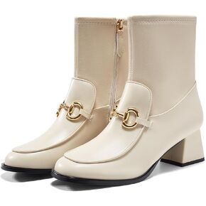 Womens Square Toe Ankle Boots Chunky Low Heel Metal Chain Side Zipper Dress Fall Booties Shoes