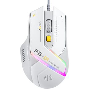 INPHIC PG1 Wired Gaming Mouse 12800 DPI High-Precision, 6 Programmable Buttons, Breathing RGB Backlit Ergonomic Computer Gamer Mouse - White Gray