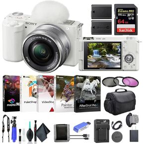Sony ZV-E10 Mirrorless Camera with 16-50mm Lens White ILCZV-E10L/W, 64GB Memory Card, Filter Kit, Corel Photo Software, Bag, NPF-W50 Battery, External Charger, Card Reader, and More