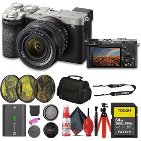 Sony Alpha 7C II Mirrorless Full-Frame Interchangeable Lens Camera - Silver with 28-60mm Lens (ILCE-7CM2L/S) + 64GB SF-G Tough Card + Filter Kit + Bag + Card Reader + Tripod + Cleaning Kit (Renewed)