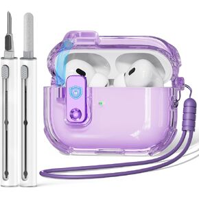 Inesore【with Safety Lock】Clear Case for AirPods Pro 2nd Generation Case,Magsafe One Click to Open Function with Cleaner Kit Compatible with Airpod Pro Case and Airpod Pro 2 Case (Purple)