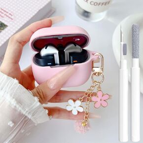 Cute Pink Case for Samsung Galaxy Bud 3/Buds 3 Pro Cover for Girl Women with Pom pom Flower Keychain & Cleaner Pen, Soft Silicone Galaxy Buds Pro 3/Buds3 Protective Cover Skin (2024)