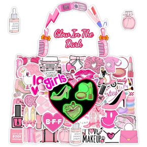 Cute Girl Pink Aesthetic Water Bottle Stickers for Kids, 51 Pcs Cartoon Glow in The Dark Waterproof Vinyl Water Bottle Laptop Decals, Kawaii Phone Case Mug Journal Scrapbook Party DIY Decoration