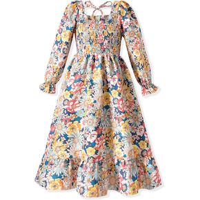 HINTINA Toddler Little Girl Ruffle Long Sleeve Smocked Dresses Fall Winter Clothes