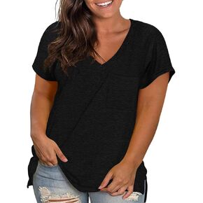 Womens Plus Size T Shirts V Neck Short Sleeve Side Split High Low Tops Casual Summer Loose Fit Tees with Pocket