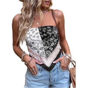 SOLY HUX Women's Paisley Print Tie Back Strapless Tube Bandana Cami Crop Top