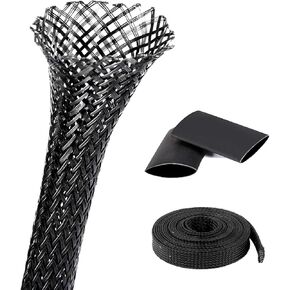 PET Expandable Wire Loom 25ft - 3/8 Inch, Braided Wire Sleeving Mesh Cable Management with 2 Heat Shrinkable Tubes, Braided Cable Sleeve for Home Office Cord Protector
