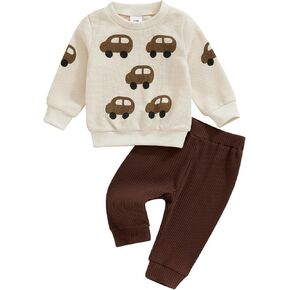 Little Baby Boy Track Suit Car Print Waffle Long Sleeve Sweatshirt Elastic Pants 2 Piece Clothes Toddler Outfits