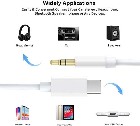 سلك Aux لهاتف iPhone 16 15، 2 حزمة USB C إلى 3.5 مم كابل مقبس صوت Aux، من النوع C إلى 3.5 مم سماعة رأس جاك سلك ستيريو للسيارة متوافق مع iPhone 16/16 Plus/16 Pro/16 Pro Max/15/15 Plus/15 برو/15 برو ماكس in Kuwait